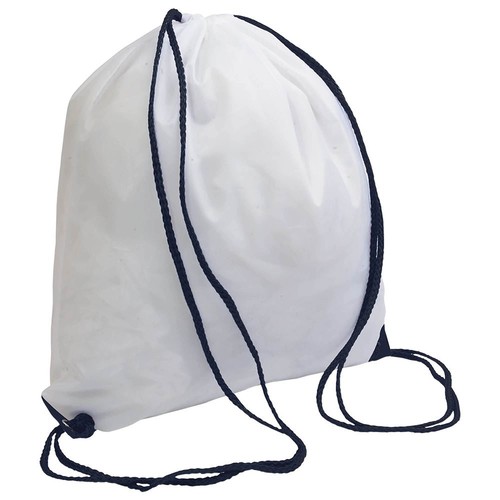 White 210T polyester backpack with drawstring closure, reinforced corners