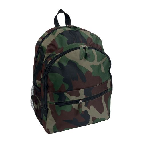 600D polyester 6-pocket backpack (two mesh side pockets). Front pocket with velcro