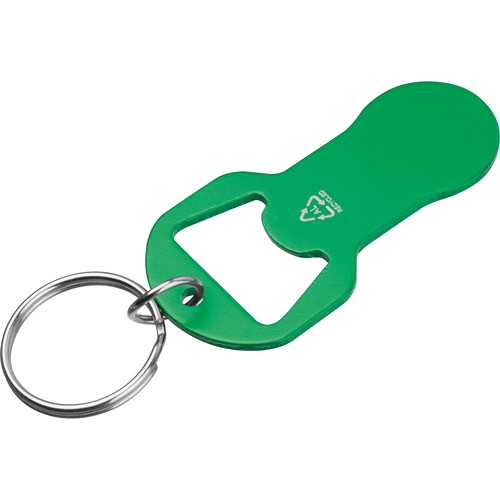 Recycled aluminum keychain with shopping cart release and bottle opener OLIVER