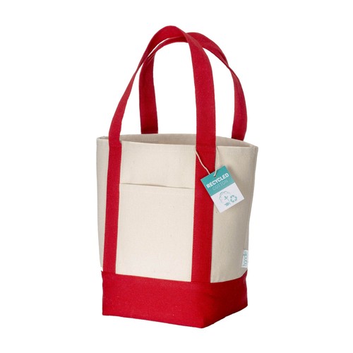 Mini shopper bag made of 340 g/m2 recycled cotton with colorful handles and base. GRS