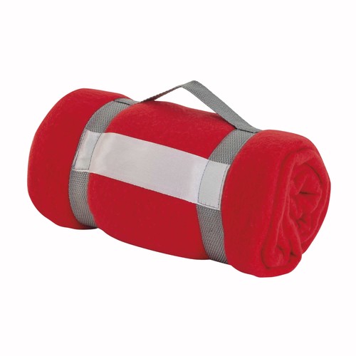 Couverture en polaire, enroulée avec bande de fermeture en nylon avec espace personnalisab Couverture en polaire, enroulée avec bande de fermeture en nylon avec espace personnalisab