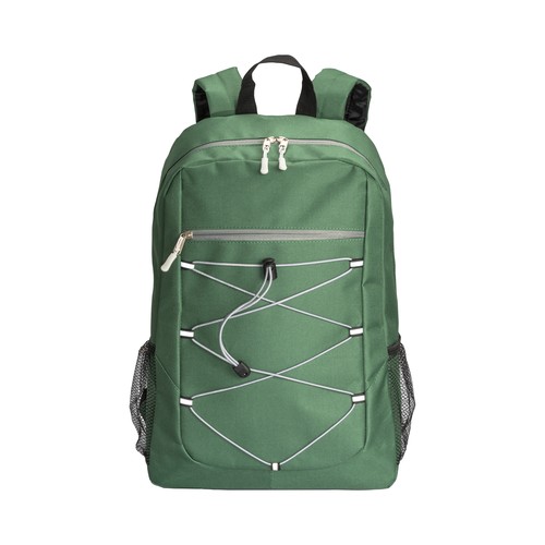 600D polyester 4-pocket backpack (two mesh side pockets). Padded straps and back