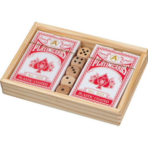 Playing cards in wooden box with dice Playing cards in wooden box with dice