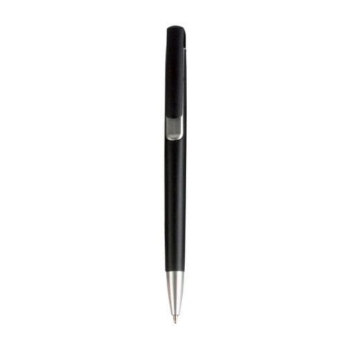 Penna a scatto in plastica con fusto nero, punta e particolare metallizzati Penna a scatto in plastica con fusto nero, punta e particolare metallizzati