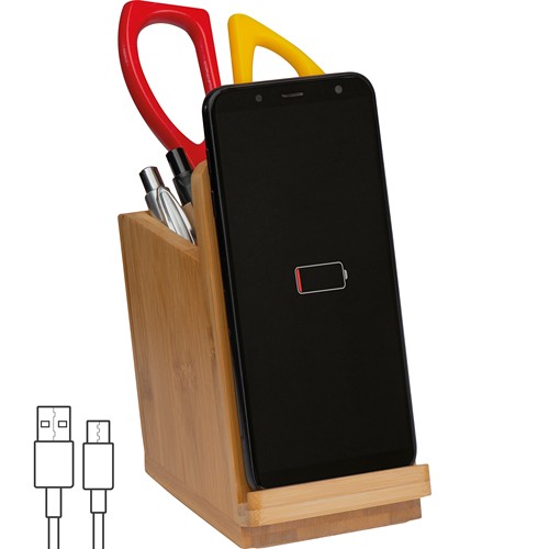 Bamboo wireless charger with pen holder