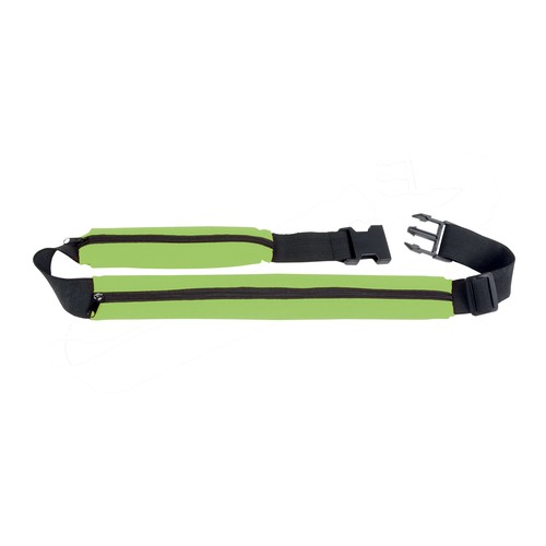 Slim, spandex 2-pocket waist bag with adjustable waist strap and clip closure Slim, spandex 2-pocket waist bag with adjustable waist strap and clip closure