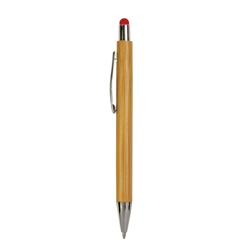 Bamboo barrel push ball pen with colored touch point and chrome tip