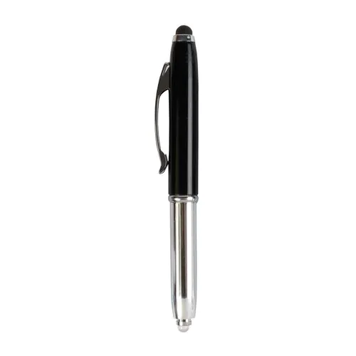 Mini penna in plastica color argento, con cappuccio e clip in metallo, con luce