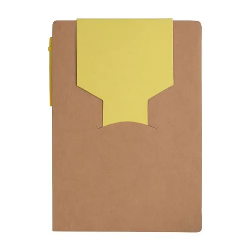 Recycled-paper notepad with cardboard pen and sticky notes Recycled-paper notepad with cardboard pen and sticky notes