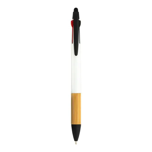 Penna a scatto in plastica con 3 refill, con gommino per touch screen, impugnatura in bamb Penna a scatto in plastica con 3 refill, con gommino per touch screen, impugnatura in bamb