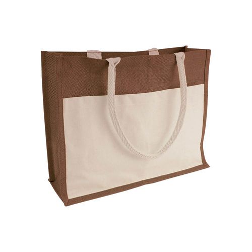 Borsa in juta con interno in PVC, soffietto, manici lunghi e tasca esterna Borsa in juta con interno in PVC, soffietto, manici lunghi e tasca esterna