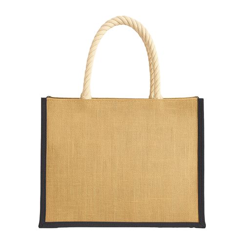 Jute bag with long rope handles and coloured inserts. With gusset Jute bag with long rope handles and coloured inserts. With gusset