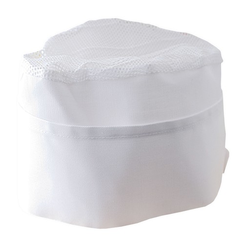 30% cotton/70% polyester white chef s hat with coloured edges. One size