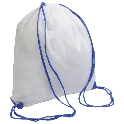 White 210T polyester backpack with drawstring closure, reinforced corners
