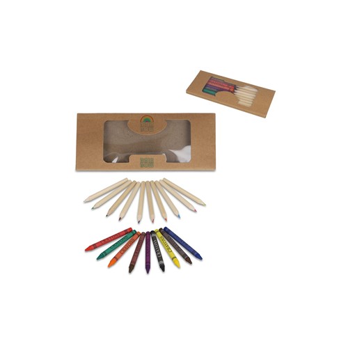 Colouring pencils and crayons in kraft box
