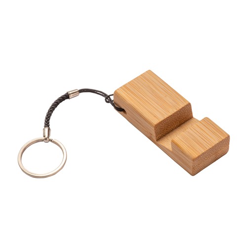 Rectangular bamboo keychain with mobile phone stand Rectangular bamboo keychain with mobile phone stand