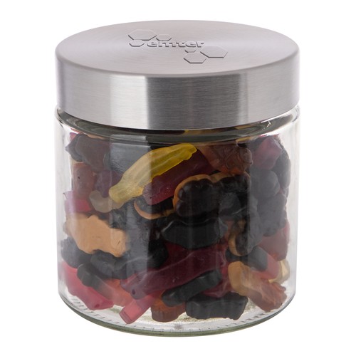 Glazen pot 0,9 liter met embossing, gevuld met snoep Glazen pot 0,9 liter met embossing, gevuld met snoep