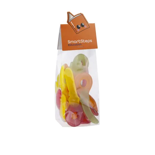Block bag with header card in your own shape and 150 grams of candy Block bag with header card in your own shape and 150 grams of candy