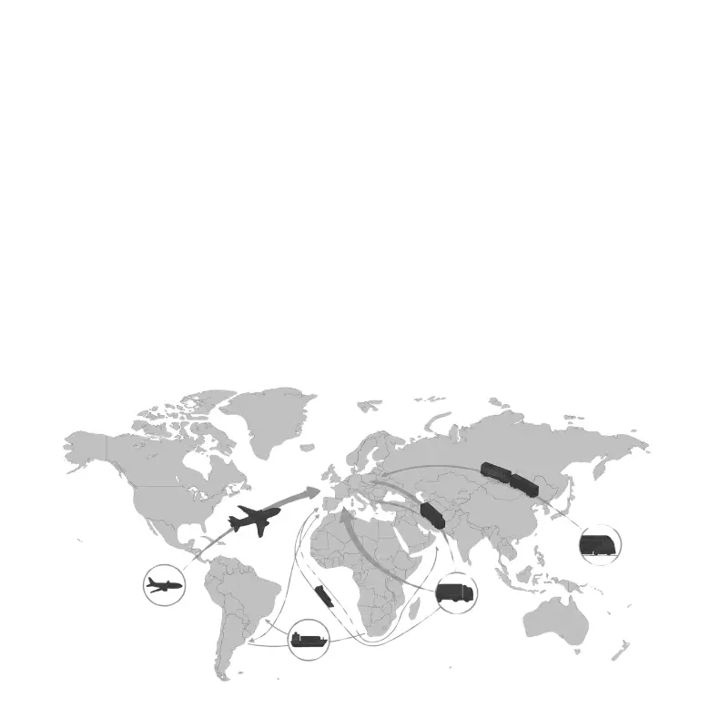 Weltkarte mit eingezeichneten Transportrouten (Flugzeug, Schiff, Bahn, LKW), visualisiert den globalen Werbeartikel Logistik Ablauf vom Import bis zur Zustellung.