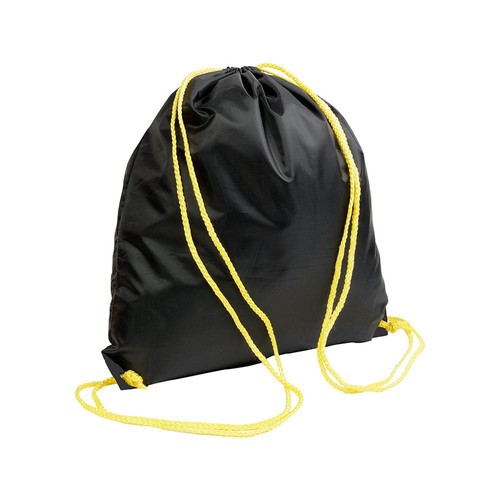 Black 210T polyester backpack with drawstring closure, reinforced black corners Black 210T polyester backpack with drawstring closure, reinforced black corners