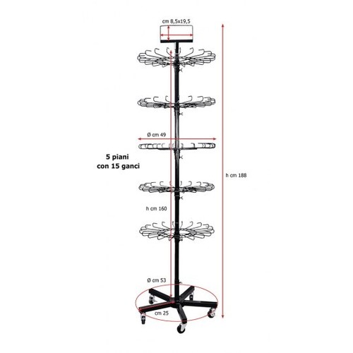 BLACK DISPLAY STAND H 188 CM 5X15 HOOKS