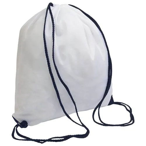 White 210T polyester backpack with drawstring closure, reinforced corners