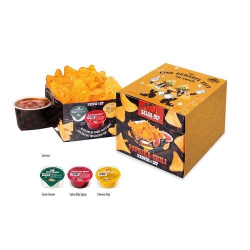 Nacho Box, Nachos bell pepper-chili, Cheese Dip