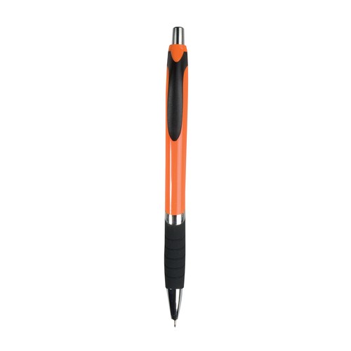 Penna a scatto in plastica, con fusto colorato, impugnatura gommata e particolari cromati Penna a scatto in plastica, con fusto colorato, impugnatura gommata e particolari cromati