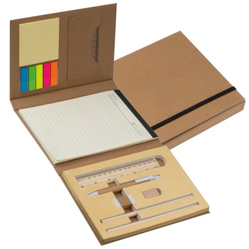 Writing case with cardboard cover, ruler, writing pad and adhesive markers Writing case with cardboard cover, ruler, writing pad and adhesive markers