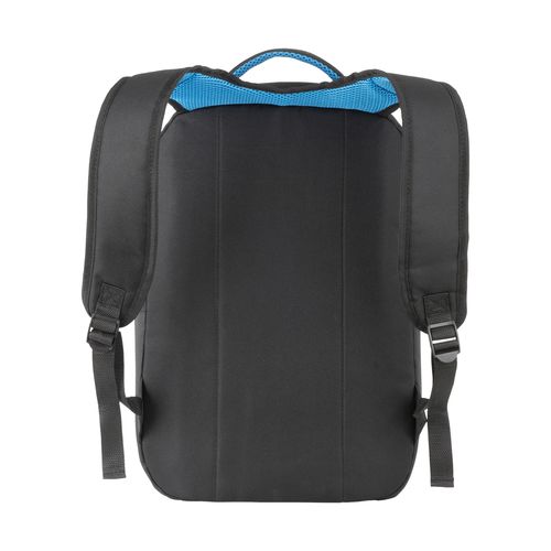 600D polyester PC backpack. Main laptop pocket and 3 front pockets. Breathable material