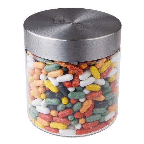 Bocal en verre de 0,9 litre avec embossage, rempli de bonbons Bocal en verre de 0,9 litre avec embossage, rempli de bonbons