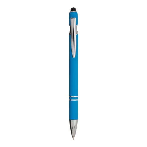 Penna a scatto in alluminio gommato con gommino per touch screen e clip in metallo