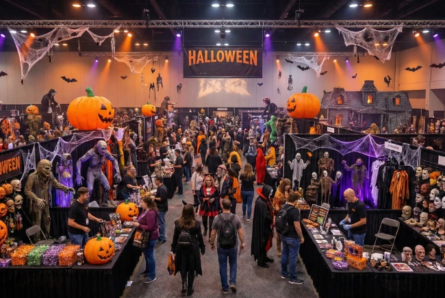 Ausstattung für Halloween-Messen und Events Große Veranstaltungshalle mit riesigen aufblasbaren Kürbissen und Grusel-Deko, gefüllt mit Besuchern – der ideale Ort für Halloween Werbeartikel für Halloween Messen & Partys.