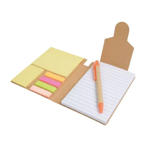 Recycled-paper notepad with cardboard pen and sticky notes