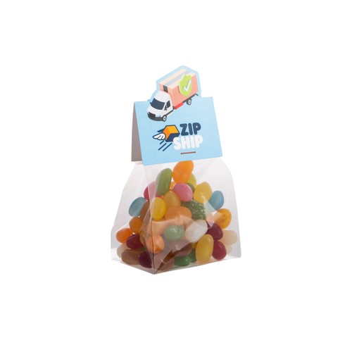 Blokzakje met kopkaartje in eigen vorm en 100 gram snoep Blokzakje met kopkaartje in eigen vorm en 100 gram snoep