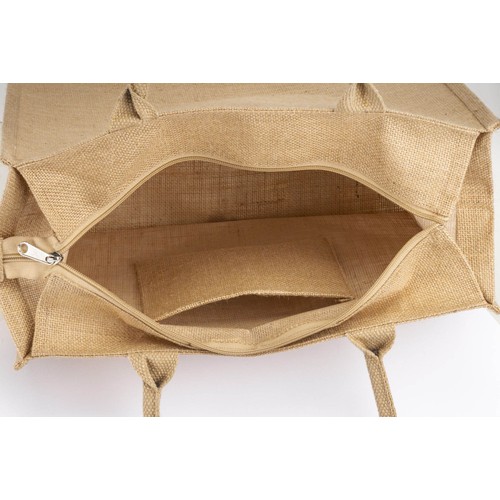 Borsa in juta con manici in cotone. Dotata di chiusura a zip