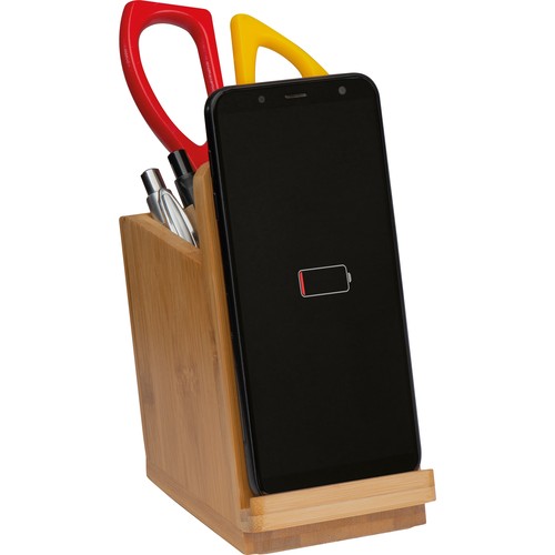 Bamboo wireless charger with pen holder