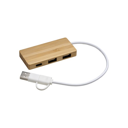 Bamboo USB hub with 2 USB A ports and 1 type C port, integrated USB A and USB C cable Bamboo USB hub with 2 USB A ports and 1 type C port, integrated USB A and USB C cable
