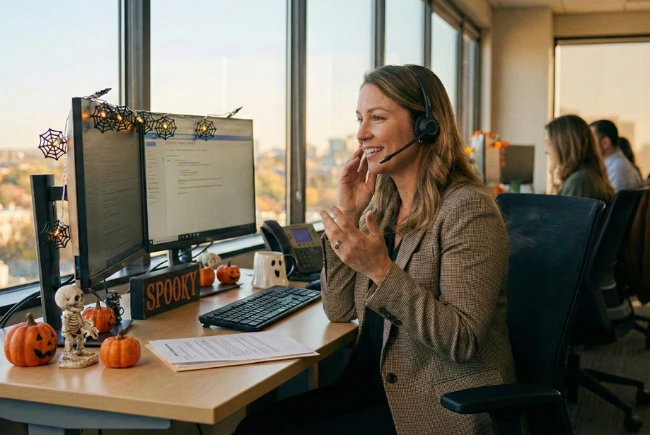Persönliche Beratung für Ihre Halloween-Aktion Freundliche Mitarbeiterin mit Headset an einem mit Lichterketten und Kürbissen dekorierten Schreibtisch, Symbol für die kompetente Halloween Werbeartikel Beratung.