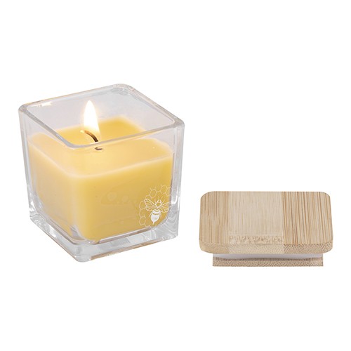 Bougie avec couvercle en bambou. 50% de cire d'abe Babiana Bougie avec couvercle en bambou. 50% de cire d'abe Babiana