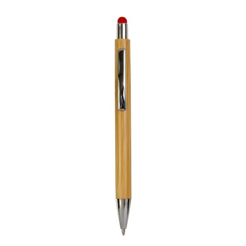 Bamboo barrel push ball pen with colored touch point and chrome tip