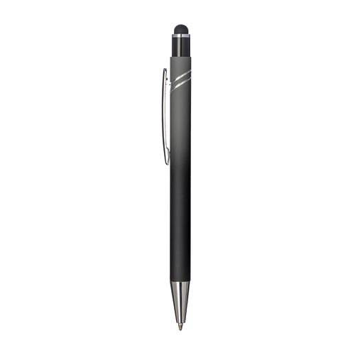 Penna a scatto in alluminio gommato. Fusto sfumato, clip e particolari metallizzati