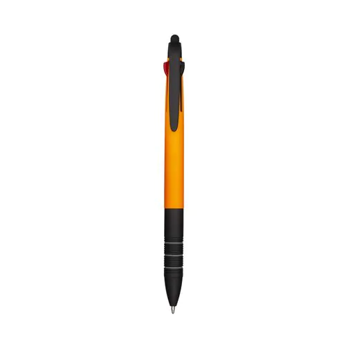 Plastic snap pen with 3 refills in blue, black and red, and touchscreen rubber tip