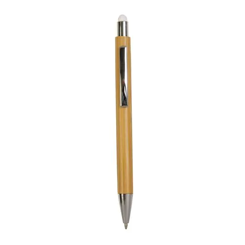 Bamboo barrel push ball pen with colored touch point and chrome tip