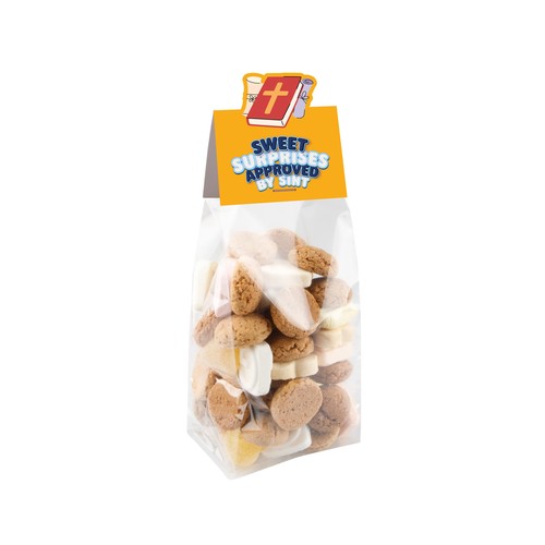 Block bag with header card in your own shape and 150 grams of candy Block bag with header card in your own shape and 150 grams of candy