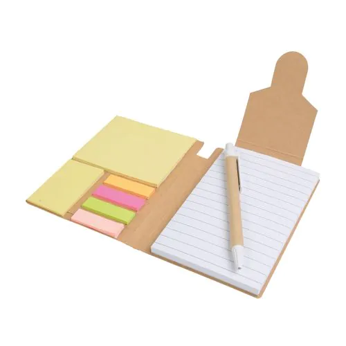 Recycled-paper notepad with cardboard pen and sticky notes