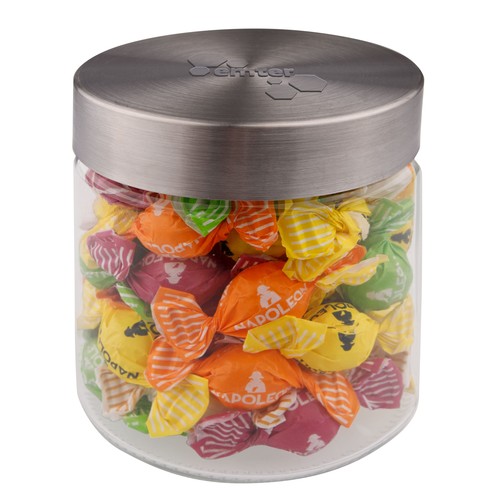 Bocal en verre de 0,9 litre avec embossage, rempli de bonbons