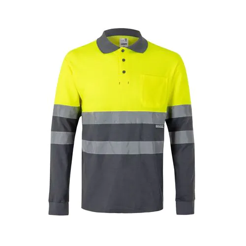 VL PLUTO. Polo piqué bicolore (150g/m²) à manches longues, en coton (55%) et polyester (45%)