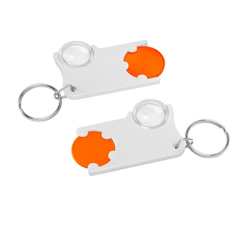 Chiphouder met winkelwagenmuntje 1€ en loep Chiphouder met winkelwagenmuntje 1€ en loep