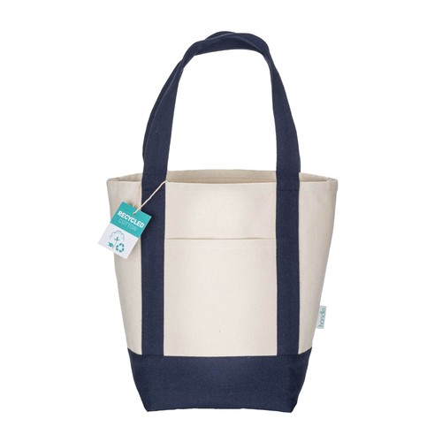 Mini shopper bag made of 340 g/m2 recycled cotton with colorful handles and base. GRS